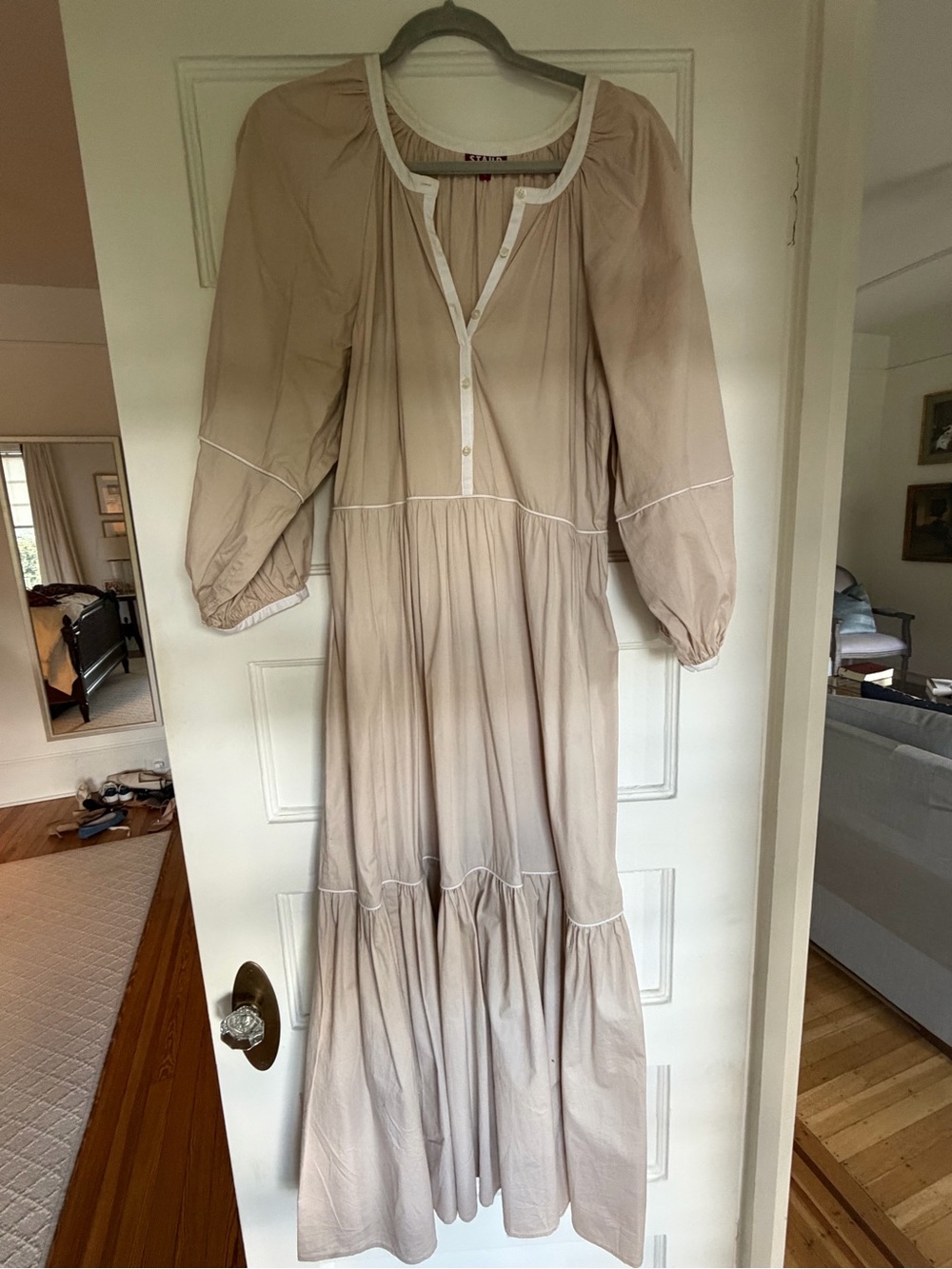 STAUD Beige Tiered Long Sleeve Maxi Dress